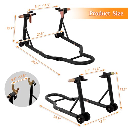 Motorcycle Front & Rear Stand Combo, Universal Adjustable Paddock Lift Stand, Swingarm Spool & Wheel Lift, 850lbs Capacity, Heavy-Duty Steel, Black