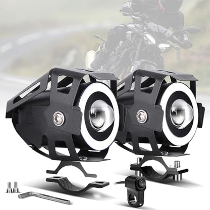 Motorcycle LED Fog Lights U7 Spotlight with High Low Strobe Beam Halo Rings White Central with U7 LED Running DRL Switches Clamps Universal Spotlights Driving Lights 2 Packs (White) - color: White