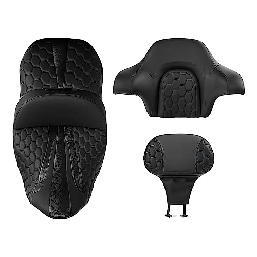 Extended Reach & Max Profile Seat Gel Rider Cushion with Rider Backrest and King Tour Pack Trunk Backrest Pad fit for Harley Touring Road King Street Glide Road Glide Electra Glide 09-2023 Black Black - color: Gel Style A Black Seat + 2 Backrest