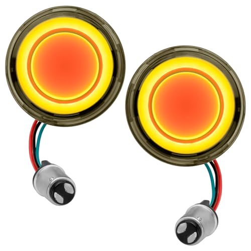Motorcycle 1157 LED Turn Signal Light Front Rear 2 Inch Bullet Smoked Lens Compatible with Harley Softail Touring Dyna Fat Boy Sportster Road King Street Glide Electra Glide - color: 1157[Smoke+Yellow/Front]
