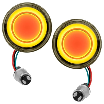 Motorcycle 1157 LED Turn Signal Light Front Rear 2 Inch Bullet Smoked Lens Compatible with Harley Softail Touring Dyna Fat Boy Sportster Road King Street Glide Electra Glide - color: 1157[Smoke+Yellow/Front]