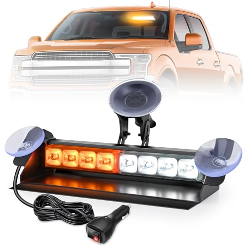 Nilight 8LED Amber White Traffic Advisor Strobe Light Bar with Vacuum Suction Emergency Dash Warning Hazard Safety Flashing Lights Front/Rear Windshield Visor for Truck Police Construction Vehicles - color: Amber White, size: 8LED