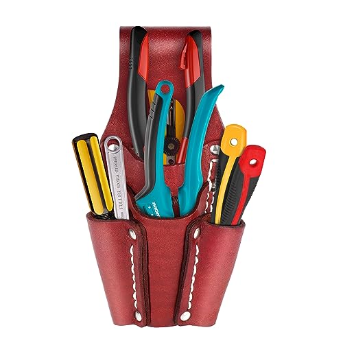 Leather Tool Pouch, Leather Electrician Tool Pouch with 4 Pockets, Heavy Duty and Durable, for Any Electrician/Welders, Carpenters, Car Repairers, Brown