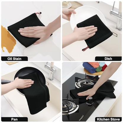 Homaxy 100% Cotton Kitchen Towels and Dishcloths Set, 12 x 12 Inches and 13 x 28 Inches, Set of 16 Bulk Kitchen Towels Set, Ultra Soft Absorbent Dish Cloths for Washing Dishes, Black - color: Black, style: 16-Piece Set