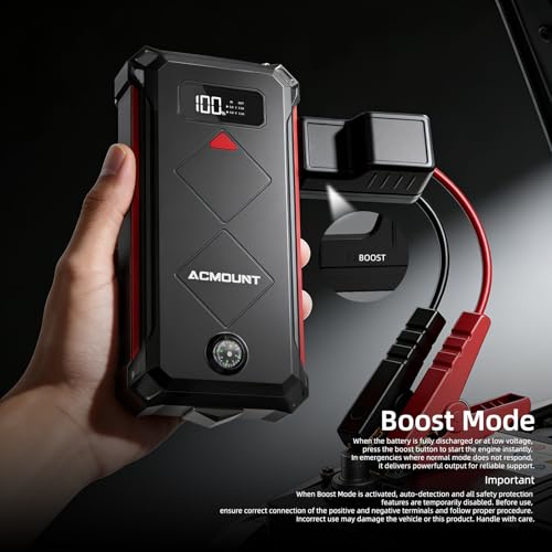 Acmount P100 Car Jump Starter, 5000A Peak Lithium Jump Starter Battery Pack for Up to 10.0L Gas or 8.0L Diesel Engine, Safe 12V Portable Battery Starter Power Pack with LED Screen & LED Light - color: red