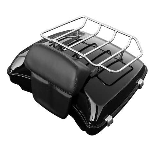 XFMT Motorcycle 5.5" Razor Trunk w/Luggage Rack Backrest Pad For 2014-2025 Harley Touring Pack Road King Street Glide Road Glide Electra Glide Ultra Classic - color: Razor Trunk&Pad&Top Rack