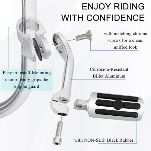 1.25" (32mm) Adjustable Highway Foot Pegs w/Long Extended Angled Mounts for Harley Davidson Touring Street Glide/Road Glide/Electra Glide/Road King Motorcycle w/1-1/4" Crash Bar,CHROME#2