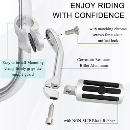 1.25" (32mm) Adjustable Highway Foot Pegs w/Long Extended Angled Mounts for Harley Davidson Touring Street Glide/Road Glide/Electra Glide/Road King Motorcycle w/1-1/4" Crash Bar,CHROME#2