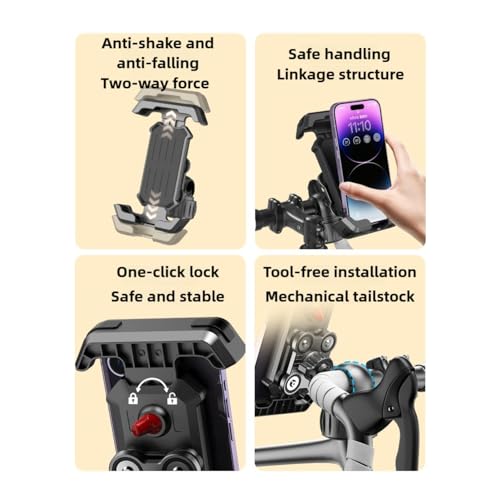 Premium Motorcycle Phone Mount with Anti-Shake Silicone Shock Absorber, 360° Rotation, Four-Corner Protection, One-Click Lock System, Tool-Free Installation for Bikes and Scooters