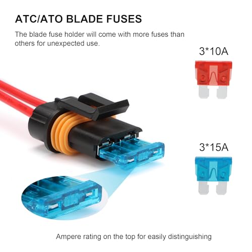 3 Pack Inline Waterproof Fuse Holder, with 10 Amp 15 Amp ATC/ATO Blade Fuses, 16 AWG Pre-Wired Kit Heavy Duty Inline Fuse Holder for Marine Automotive Vehicle (3)