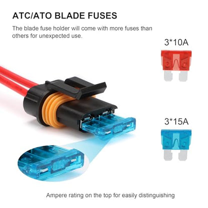 3 Pack Inline Waterproof Fuse Holder, with 10 Amp 15 Amp ATC/ATO Blade Fuses, 16 AWG Pre-Wired Kit Heavy Duty Inline Fuse Holder for Marine Automotive Vehicle (3)
