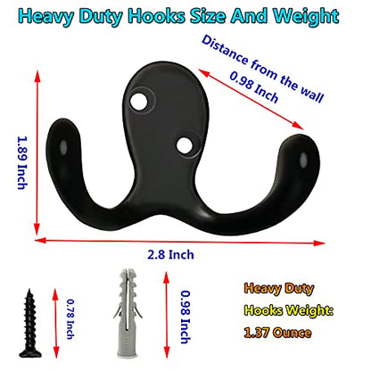 3 Pack Black Double Prong Coats Towel Hooks For Bathrooms Wall Mounted Shower Rustproof, 1.37 Oz Retro Wall Hooks Heavy Duty Hanging Towels Coat Hat Loofah Robe Key Scarf Bag Cap Kitchen Accessories