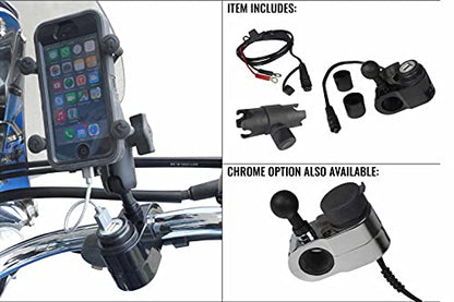 GEARS Dual USB Port Charger | 1 Inch RAM Ball Mount for Motorcycle, Snowmobile, and ATV Handlebars | Convenient Mounting and Charging for Smartphone/GPS (Black)