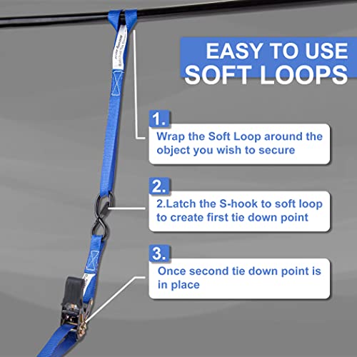 Cartman Ratchet Tie Down Straps 4PK 2,000lb Max Break Strength with Premium 1" x 15' Rachet Tie Downs with Padded Handles, 4PK 1" x 18" Soft Loop for Moving, Securing Cargo - style: 4PK Blue
