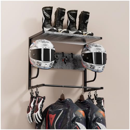 Motorcycle Helmet Holder Wall Mounted, Helmet Holder Wall Mount with Helmet Rack, Motorcycle Helmet Rack for Most of Helmet and Clothes - color: Grey