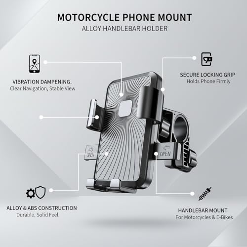 Motorcycle Phone Mount, Alloy Handlebar Holder for Bike & E-Bike GPS Navigation - Black