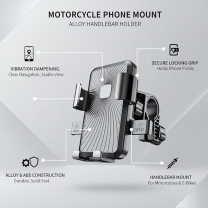 Motorcycle Phone Mount, Alloy Handlebar Holder for Bike & E-Bike GPS Navigation - Black