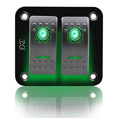 FXC Rocker Switch Aluminum Panel 2 Gang Toggle Switches Dash 5 Pin ON/Off 2 LED Backlit for Boat Car Marine Green - color: 2Gang Green, size: 2 Gang