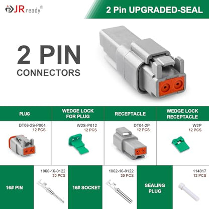 JRready 2 Pin Deutsch DT Connector Kit 12 Sets, Gray Waterproof Automotive Electrical Wire Connectors with Size 16 Stamped Contacts 14-18 AWG, Wedgelocks and Seal Plugs for Car Truck Marine Wiring - size: 2-Pin (12 Pairs)