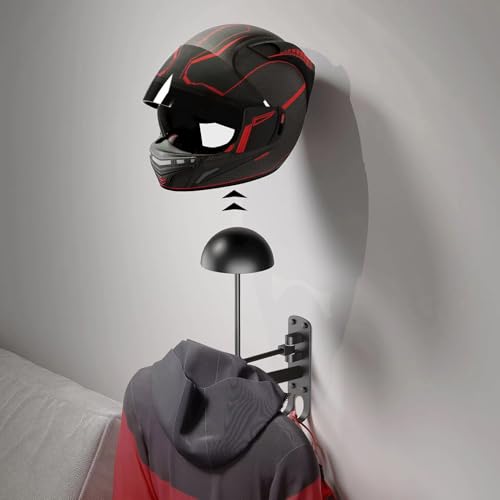 Wall Mounted Motorcycle Helmet Holder with Coat Rack, 180° Rotating Helmet Storage Rack, Heavy Duty Metal Helmet Hanger for Motorcycle Bicycle Football Baseball Helmets, Garage Organizer