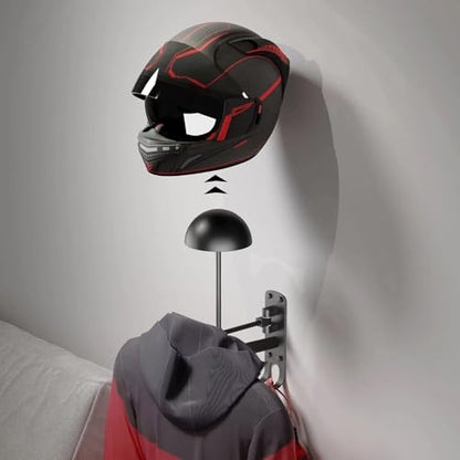 Wall Mounted Motorcycle Helmet Holder with Coat Rack, 180° Rotating Helmet Storage Rack, Heavy Duty Metal Helmet Hanger for Motorcycle Bicycle Football Baseball Helmets, Garage Organizer
