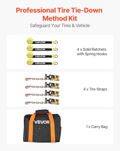 VEVOR Wheel Chock Tie-Down Kit, Tire-Style Tow Dolly Strap, Car Tie Down Kit with Heavy-Duty Hook, Break Strength 10009 lbs & Working Load 3333 lbs Motorcycle System for ATV, SUV, Snowmobiles - style: Tire-Style with Heavy Duty Hook-Yellow
