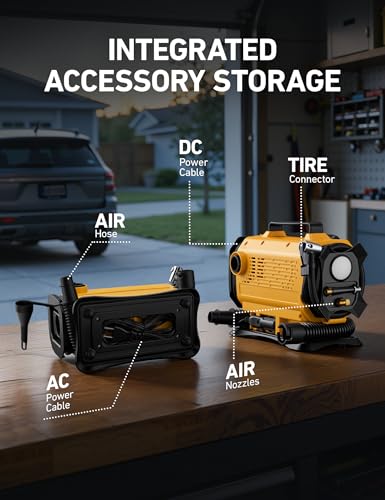 AstroAI Tire Inflator Portable Air Compressor, 150PSI 12V DC/110V AC Air Pump with Dual Metal Motors & LED Light, Two Modes for Car Tires, Bikes, Air Mattresses & Home Use, Compact Design, Yellow