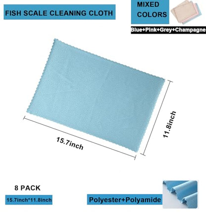 Fish Scale Microfiber Cleaning Cloth Steak Free Glass Window,Car,Mirror,Screen,Windshield, Lint-Free Shower Stainless Steel Cleaner Cloths, Drying Polishing Dish Kitchen Towels, 8 Pack, 15.7"x11.8"