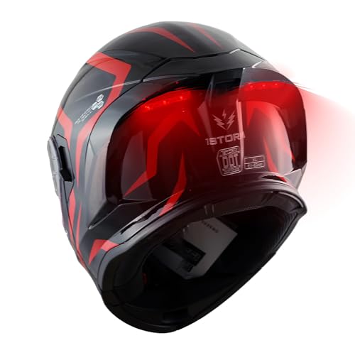 1Storm New Motorcycle Bike Modular Full Face Helmet Dual Visor Sun Shield with Rechargeable LED Tail Light: LED-X90 Arrow Red - color: Arrow Red LED Light, size: Small