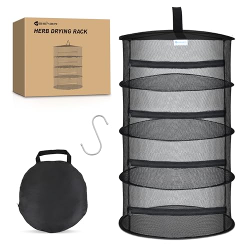 Yesker 4 Layer Herb Drying Rack Hanging Mesh Net Foldable Plant Drying Racks 18" Diameter with Black Zipper & Hook Dryer Hanging Rack for Herbs Seed Bud Fruit Clothes Grow Tent Closets Garden Outdoor - size: 4 Layers Black with Hook