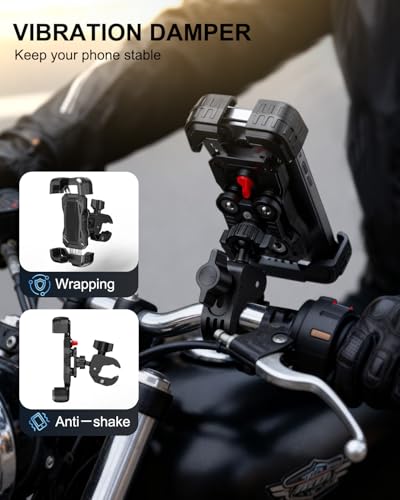 Motorcycle Phone Mount with Vibration Dampener, Bike Phone Holder Handlebar Clamp, 1s Lock Scooter Phone Clip for iPhone 17 16 Pro Max, Galaxy S25 Ultra, 4.7"-7.2" (Clamp Base) - color: Clamp Base