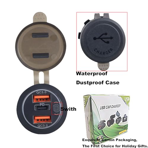 3 Ports 18W USB Car Charger with Switch, 12-24V Dual QC 3.0 USB & PD USB C Cigarette Lighter Socket Outlet, Dashboard Mount Quick Charge Charger for Car Motorcycle Truck Marine Boat,Blue Light - color: Blue Light