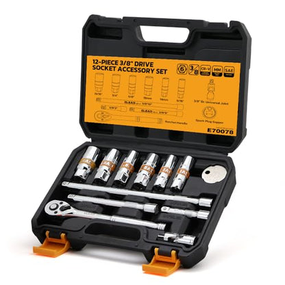 ELEAD 12-Piece 3/8" Drive Spark Plug Socket Set with Ratchet Handle, Universal Joint, Spark Plug Gapper & Extension Bar, 9/16", 5/8", 3/4", 13/16", 14mm, 18mm, CR-V Sockets with Rubber Holding Rings - size: 12-Piece Spark Plug
