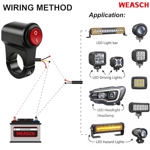 Universal 7/8" 22mm Motorcycle Handlebar Switch, 12V Waterproof Handle Bar ON Off Toggle Switch with Red LED Indicator Light for Motorcycle ATV Dirt Bike Scooter Marine Fog Light