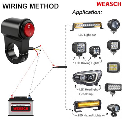 Universal 7/8" 22mm Motorcycle Handlebar Switch, 12V Waterproof Handle Bar ON Off Toggle Switch with Red LED Indicator Light for Motorcycle ATV Dirt Bike Scooter Marine Fog Light