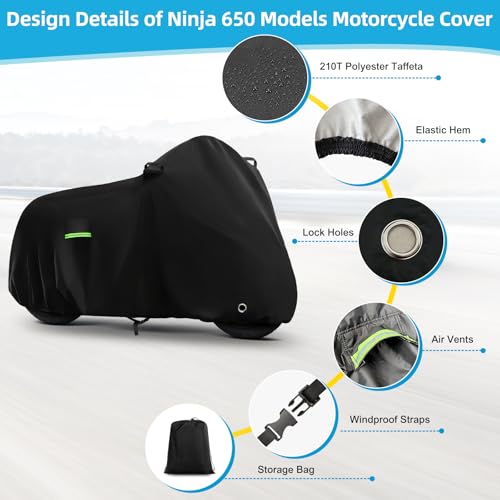 Motorcycle Cover Waterproof for Kawasaki Ninja 250 300 400 500 650/BMW F 900R, Heavy Duty Outdoor Sun UV Rain Dust All Weather Protection Motorbike Cover with Soft Cotton Lining & Lock Hole-Black - size: Ninja 650