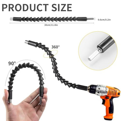 17Pcs Right Angle Drill Attachment & Flexible Bit Extension Set for Tight Spaces, 105° Adapter Long & Short, Bendable Shaft, 1/4 3/8 1/2 Socket Adapters, L Wrench & Bits for Cabinets, Auto Repair