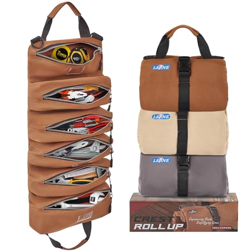 LETINE Crest Canvas Tool Bag - Large Capacity Portable Roll up Bag with Premium Rust-Proof Zippers, Reinforced Stitching - Compact Tool Organizer Gift for Dads, Mechanics, Electricians - color: Coffee Brown