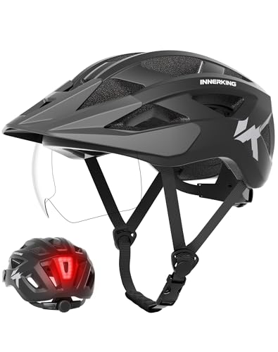Bike Helmet for Adults, Lightweight Mountain Bicycle Helmet with USB Rechargeable Rear Light Detachable Magnetic Goggles, Road Bike Cycling Helmet with OTG Visor for Men Women - color: Black（Clear Goggle）, size: Large
