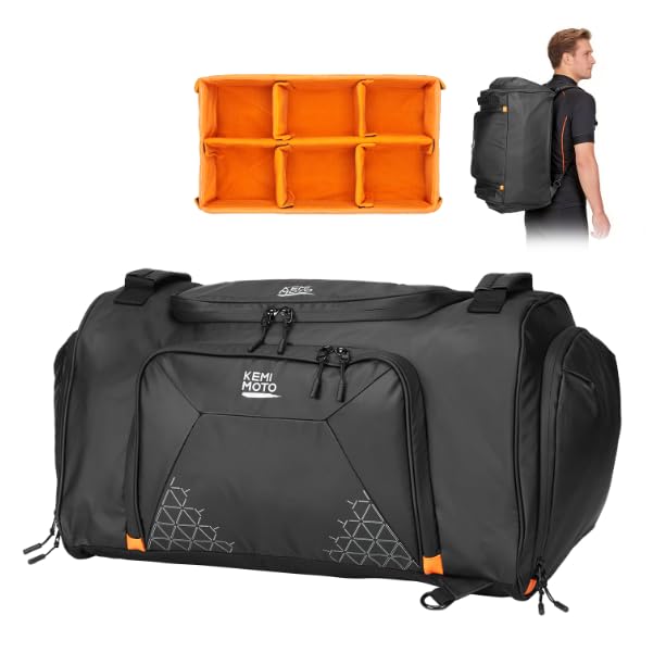 KEMIMOTO Bike Travel Bag, 60L Mountain Bicycle Duffel with Full-Face Helmet Storage (Size L) & Orange Interior Lining, Convertible Backpack for MTB Gear, Cycling Training, Hiking, Motorcycle, Biking