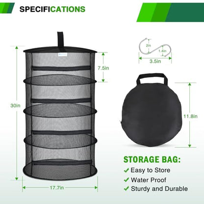 Yesker 4 Layer Herb Drying Rack Hanging Mesh Net Foldable Plant Drying Racks 18" Diameter with Black Zipper & Hook Dryer Hanging Rack for Herbs Seed Bud Fruit Clothes Grow Tent Closets Garden Outdoor - size: 4 Layers Black with Hook