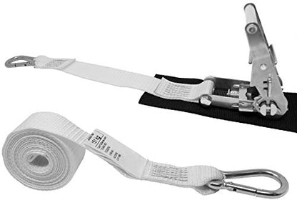 1.5 Inch Stainless Steel Ratchet Strap with Protective Pad Under Buckle, Stainless Steel Carabiner Clip with Grommet On Both Ends, Total Strap Length 10 Ft. - color: White
