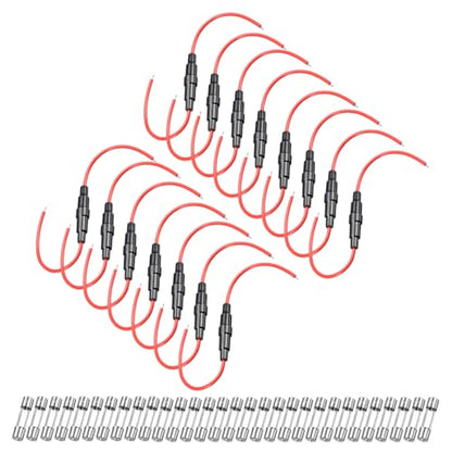 uxcell 15 Pcs 5x20mm Inline Screw Type Fuse Holder 18 Gauge AWG Red Wire with 30 Pcs 10A Fast Blow Glass Fuses - size: 18awg,5x20mm