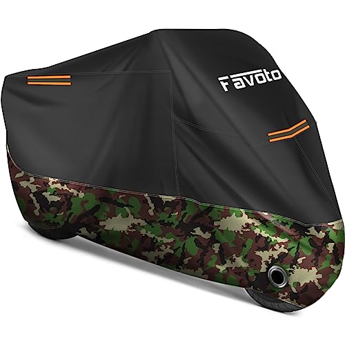 Favoto Motorcycle Cover Waterproof Outdoor Storage 96.5 inches Length All Season Weather Rain Sun Protection Night Reflective Design with Lock-Holes Motorcycle Tarp Powersports Vehicle Cover - color: Camouflage, size: 96.5"