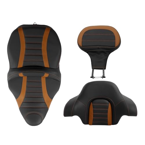 C.C. RIDER Driver Passenger Seat with Rider Backrest and King Tour Trunk Backrest Pad fit for Harley Touring Road King Street Glide Road Glide Electra Glide 2014-2023 - color: 02# Orange (Seat With Backrests)