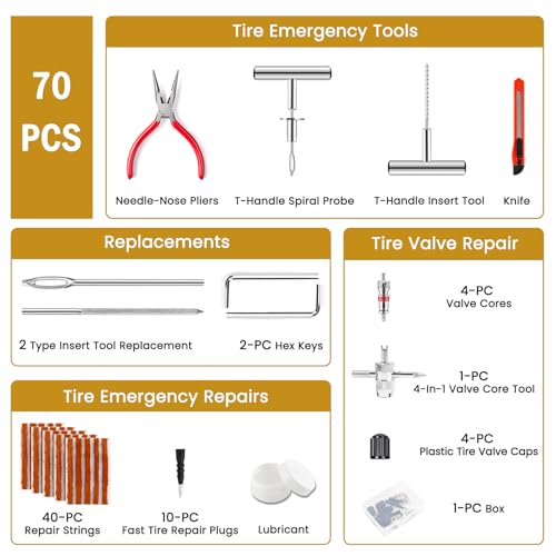 ORCISH Heavy Duty Tire Plug Kit - 70pcs All-in-One Universal Tire Repair Kit for Tubeless Flats, Emergency Tire Patch Kit for Car, Truck, SUV, ATV, Motorcycle, Trailer & RV - size: 70 Piece Set