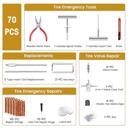 ORCISH Heavy Duty Tire Plug Kit - 70pcs All-in-One Universal Tire Repair Kit for Tubeless Flats, Emergency Tire Patch Kit for Car, Truck, SUV, ATV, Motorcycle, Trailer & RV - size: 70 Piece Set