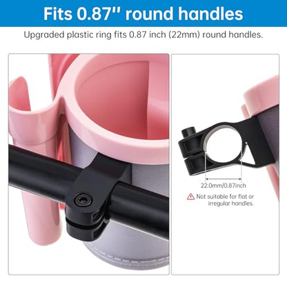 3-in-1 Bike Cup Holder with Cell Phone Keys Hook -Universal Water Bottle Holder for Walker/Wheelchair/Stroller/Scooter, Fits 0.87" Round Handlebar and 2.7" Cup Base,Gray Pink - color: grey pink