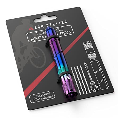 KOM Cycling Tubeless Tire Repair Kit for Bikes 8 Colors! Fixes Mountain Bike and Road Bicycle Tire Punctures – Includes Tire Repair Fork Reamer, 8 Bacon Strips. Tubeless Bike Repair Kit - color: Iridescent (PRO with Co2 Inflator)