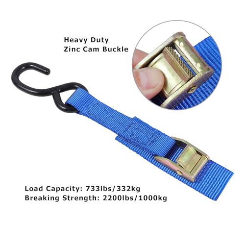 Ayaport Cam Buckle Tie Down Straps 6 feet 2200lbs Break Strength Blue Securing Straps with S Hooks for Motorcycle, Kayak, Car, Truck, Dirt Bike - size: Cam Buckle-1"x6\' blue